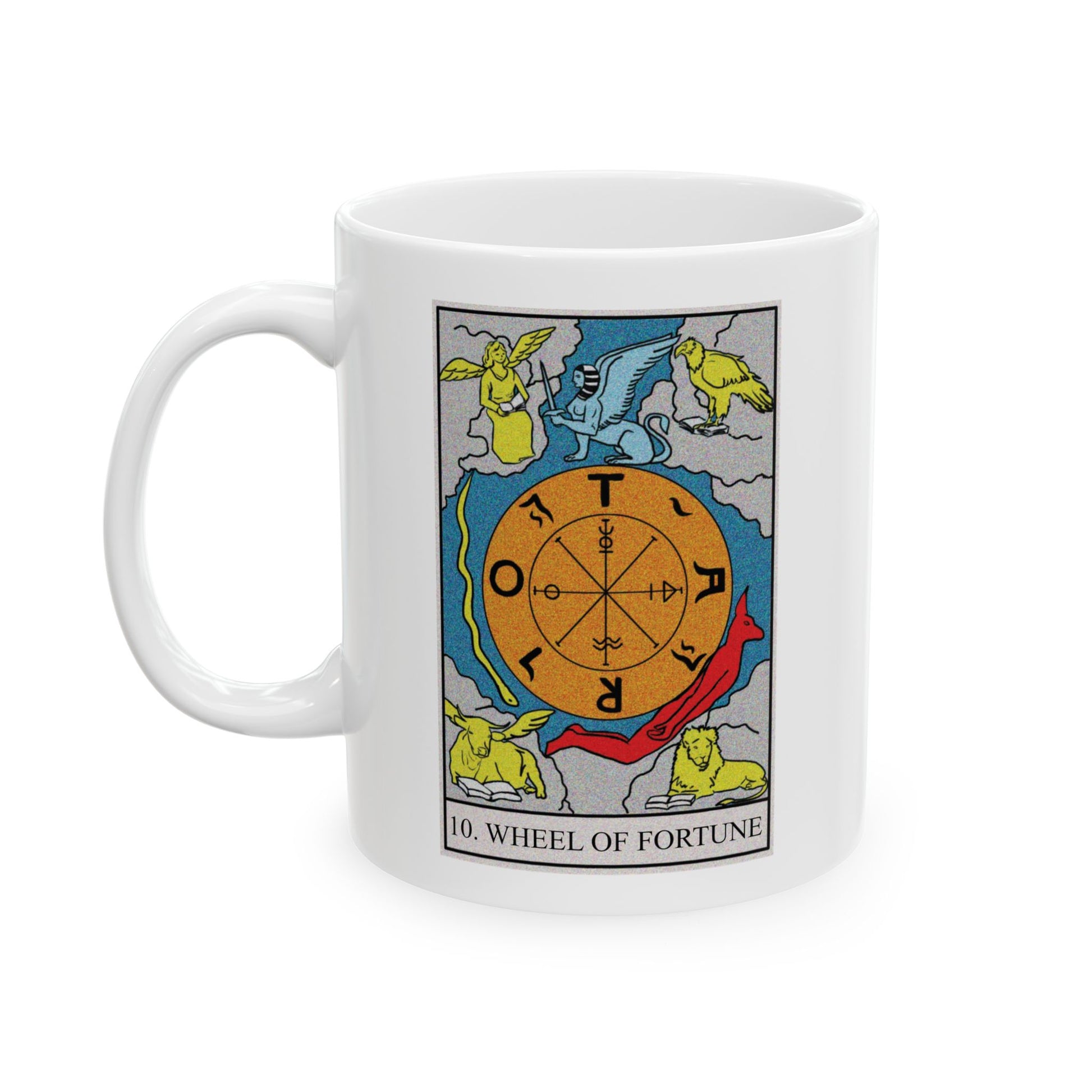 The Wheel of Fortune Tarot Card Coffee Mug - Double Sided Print, White Ceramic, 11oz by TheGlassyLass.com