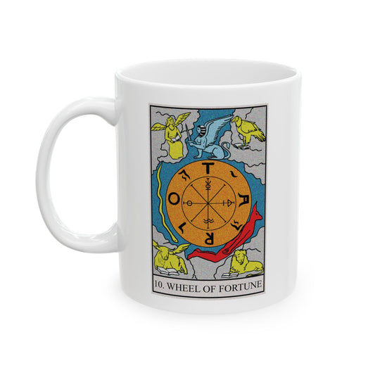 The Wheel of Fortune Tarot Card Coffee Mug - Double Sided Print, White Ceramic, 11oz by TheGlassyLass.com