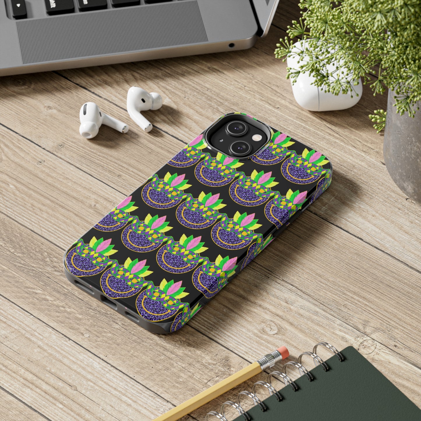 Mardi Gras Cat Mask: iPhone Tough Case Design - Wireless Charging - Superior Protection - Original Designs by TheGlassyLass.com