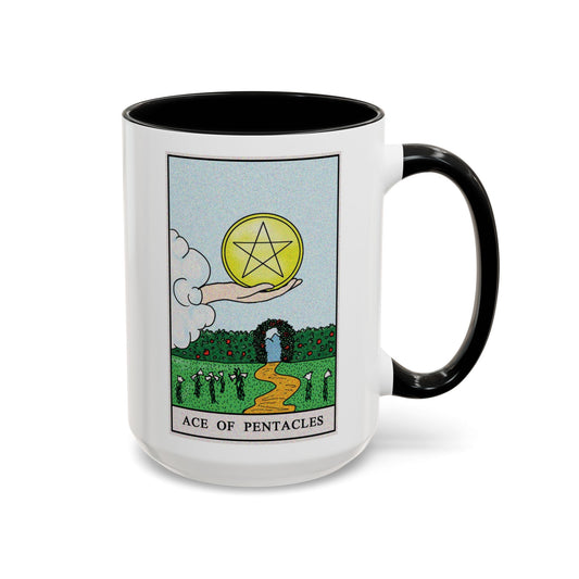 Ace of Pentacles Tarot Card Coffee Mug - Double Sided Black Accent White Ceramic 15oz by TheGlassyLass.com