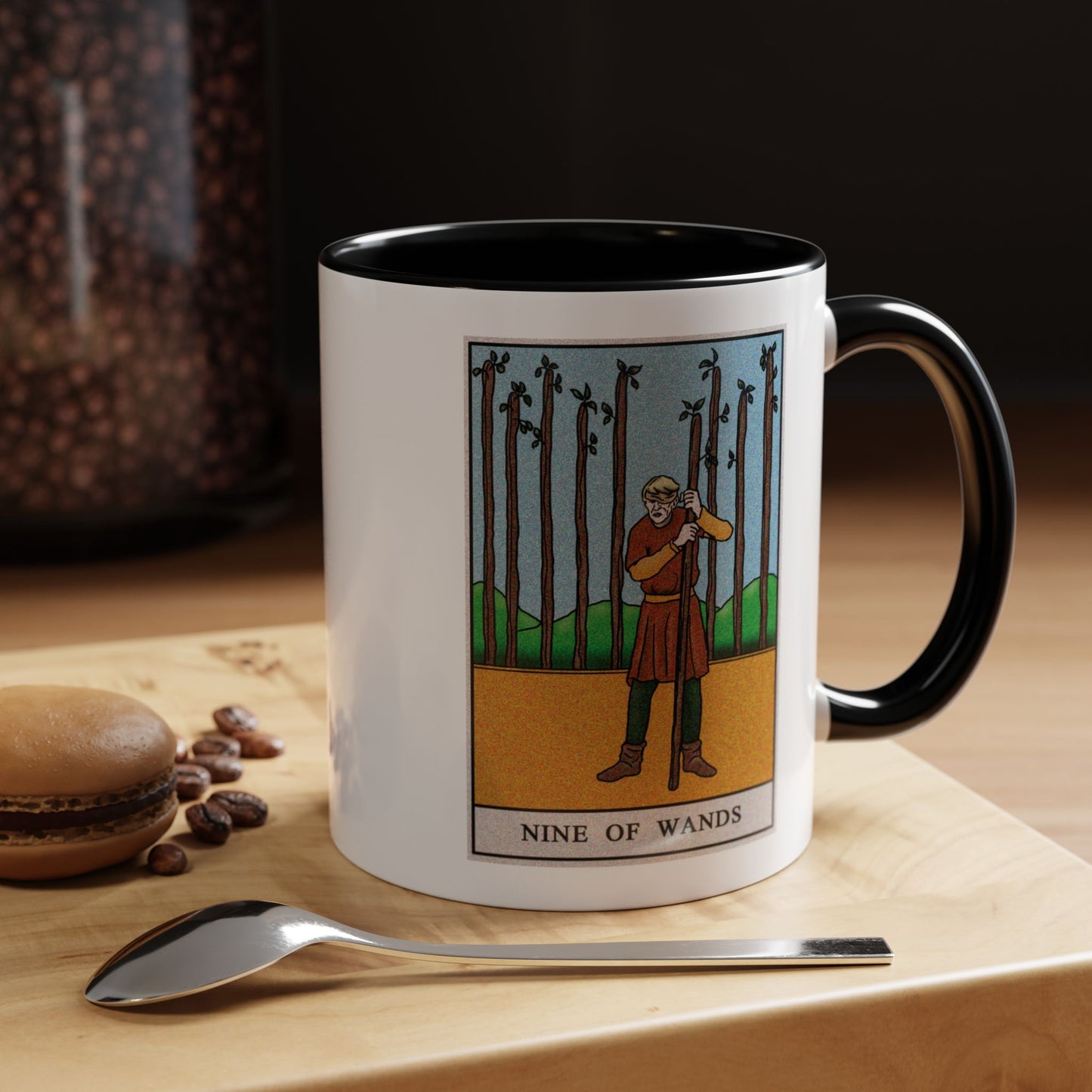 Nine of Wands Tarot Card Coffee Mug - Double Sided Print, Black Accent White Ceramic, 11oz by TheGlassyLass.com