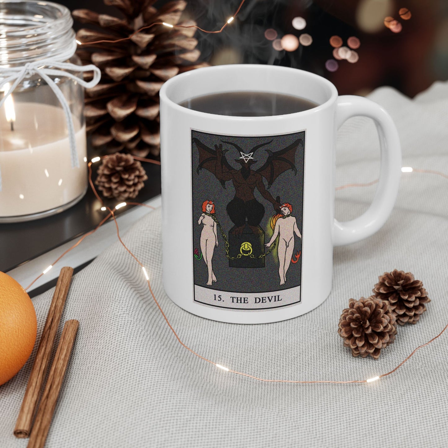 The Devil Tarot Card Coffee Mug - Double Sided Print, White Ceramic, 11oz by TheGlassyLass.com