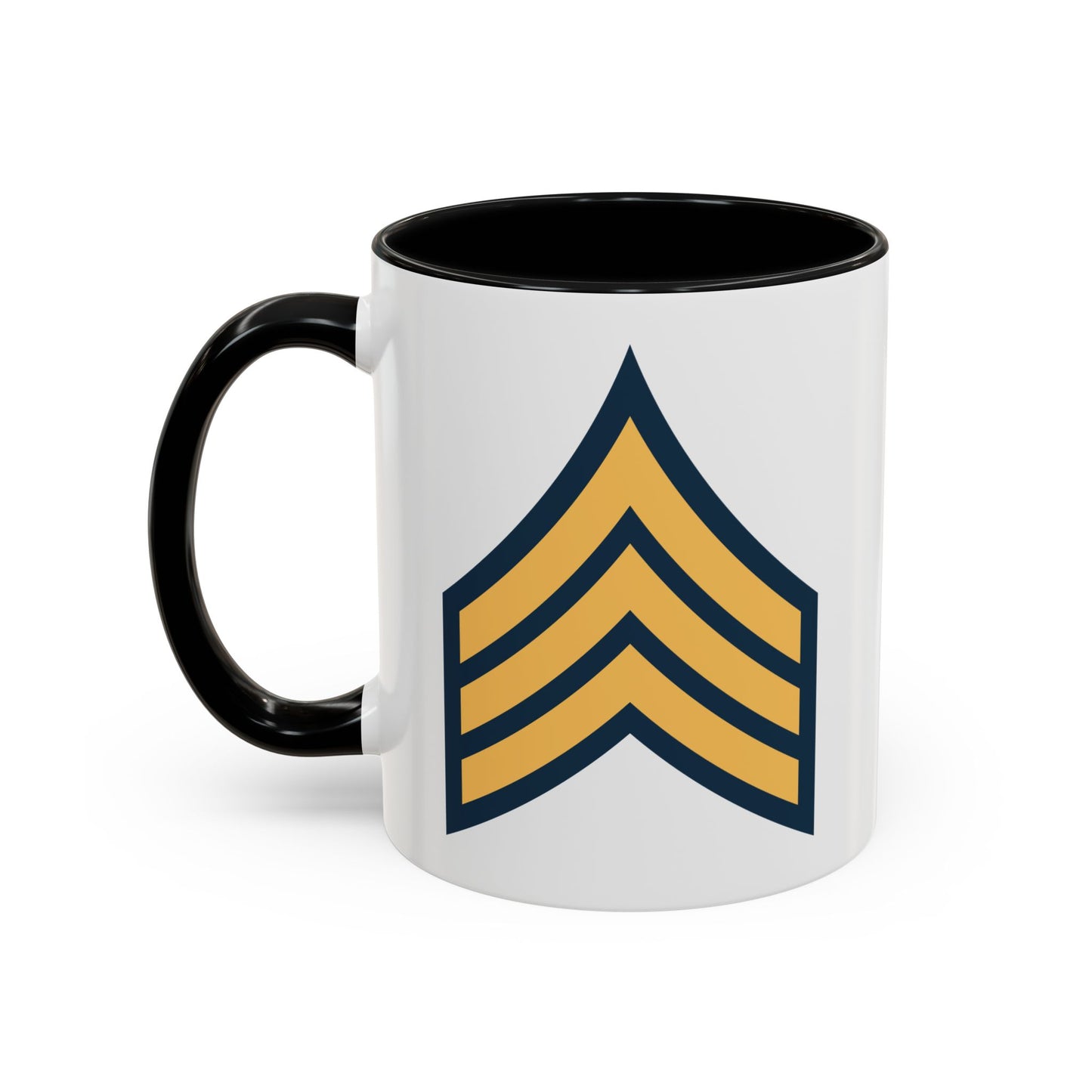 US Army Sergeant (E-5) Stripes Coffee Mug - Double Sided Print, Black Accent White Ceramic, 11oz by TheGlassyLass.com