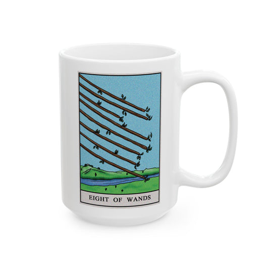 Eight of Wands Tarot Card Coffee Mug - Double Sided White Ceramic 15oz by TheGlassyLass.com