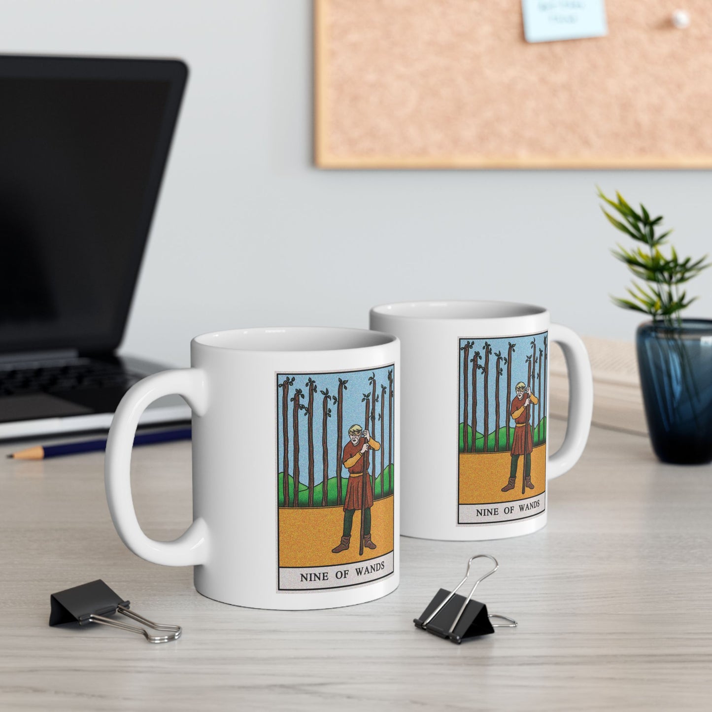 Nine of Wands of Wands Tarot Card Coffee Mug - Double Sided Print, White Ceramic, 11oz by TheGlassyLass.com