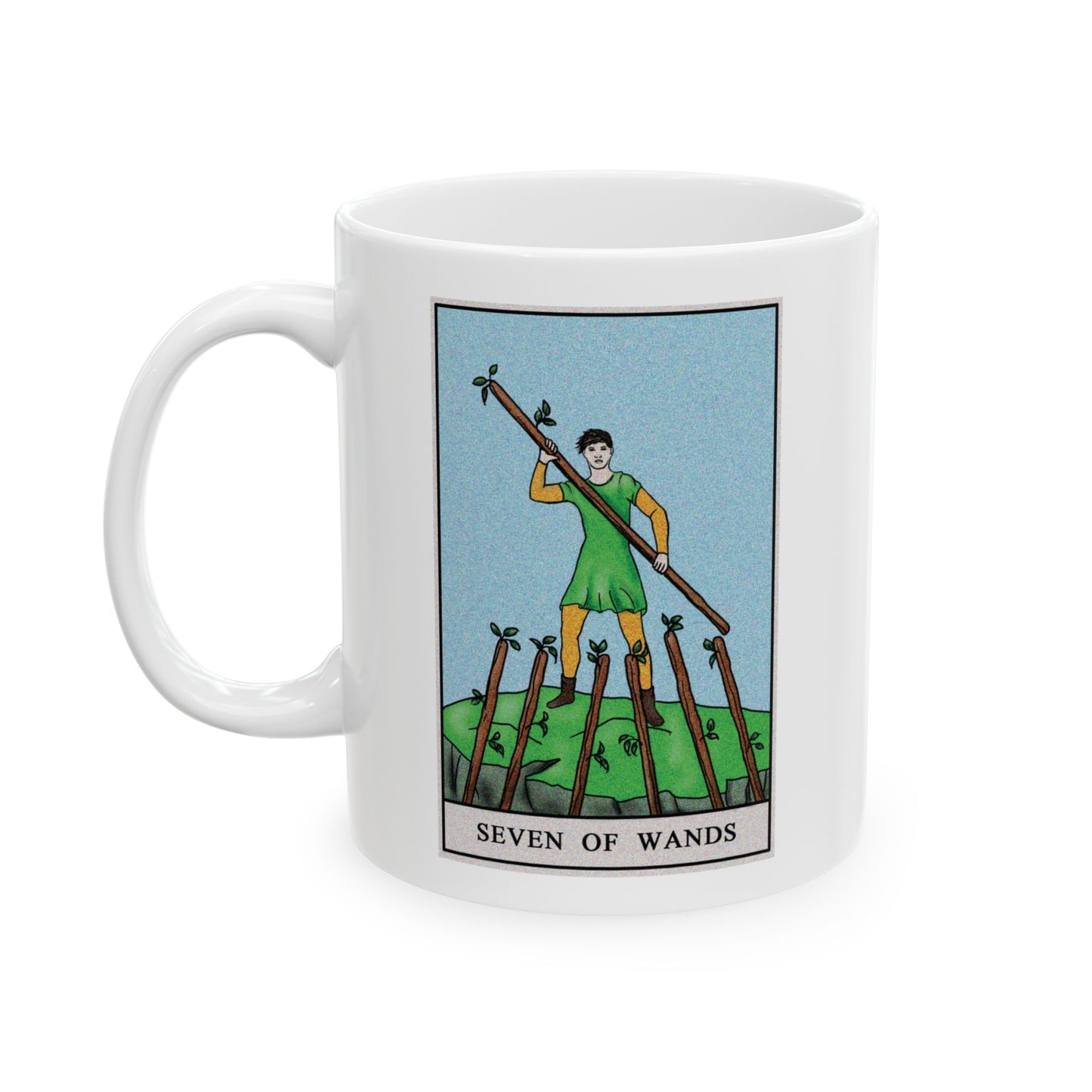 Seven of Wands of Wands Tarot Card Coffee Mug - Double Sided Print, White Ceramic, 11oz by TheGlassyLass.com