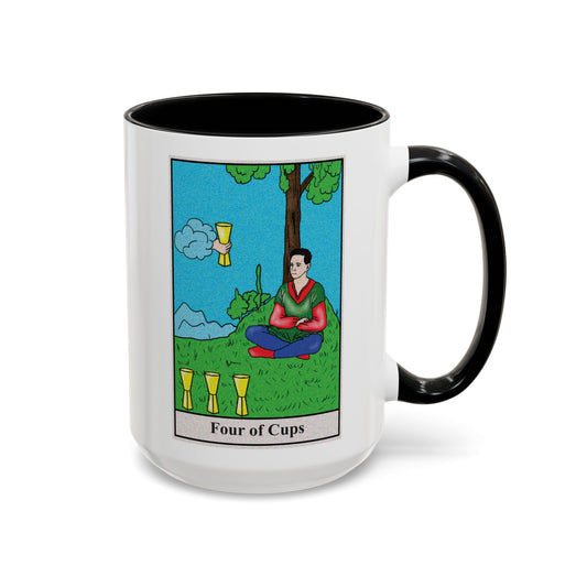 Four of Cups Tarot Card Coffee Mug - Double Sided Black Accent White Ceramic 15oz by TheGlassyLass.com