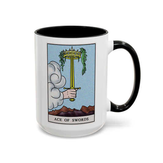 Ace of Swords Tarot Card Coffee Mug - Double Sided Black Accent White Ceramic 15oz by TheGlassyLass.com