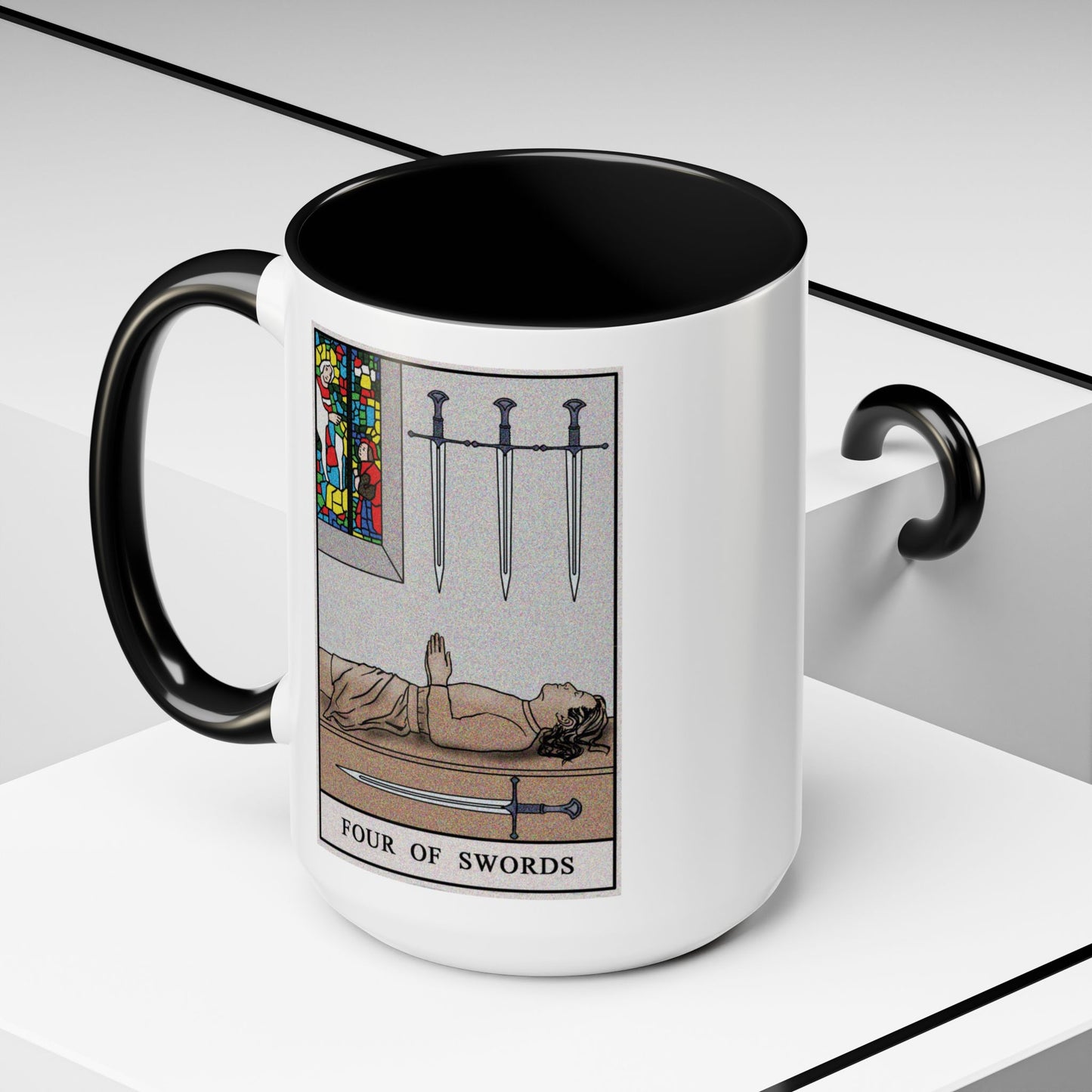 Four of Swords Tarot Card Coffee Mug - Double Sided Black Accent White Ceramic 15oz by TheGlassyLass.com
