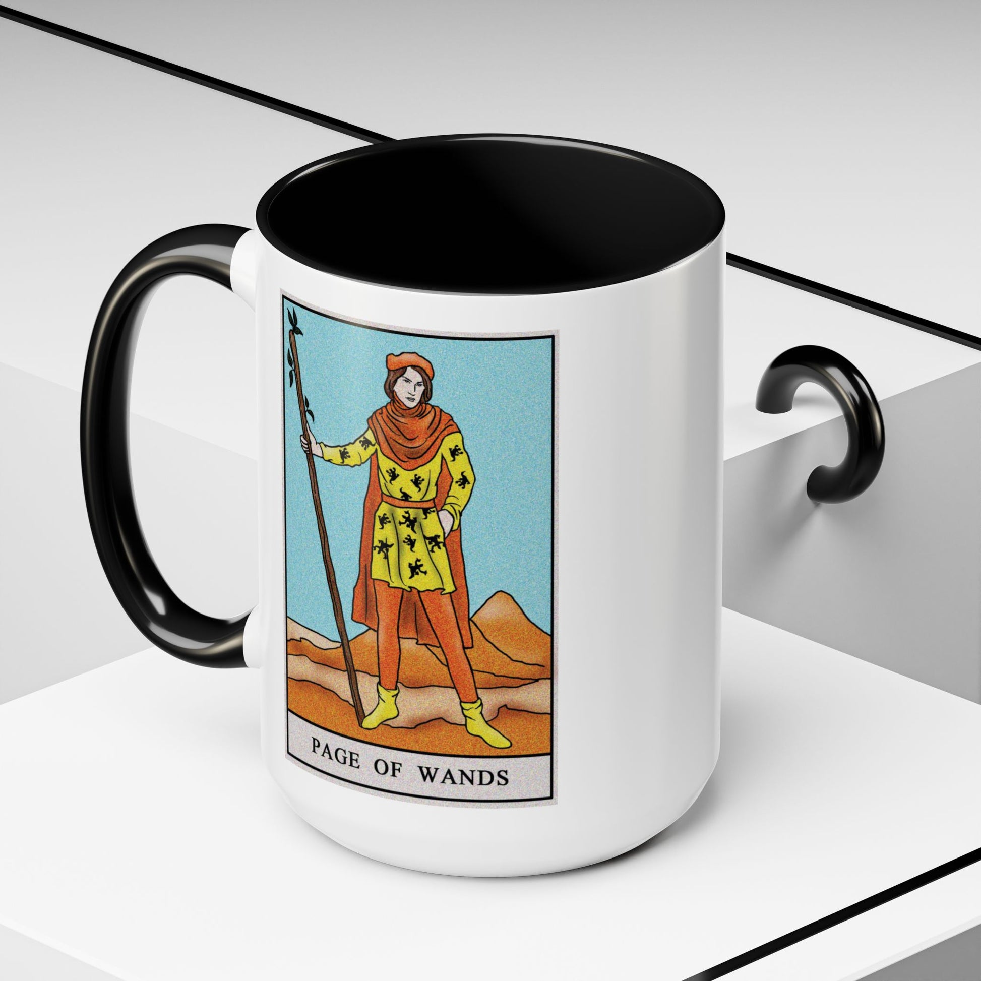 Page of Wands Tarot Card Coffee Mug - Double Sided Black Accent White Ceramic 15oz by TheGlassyLass.com