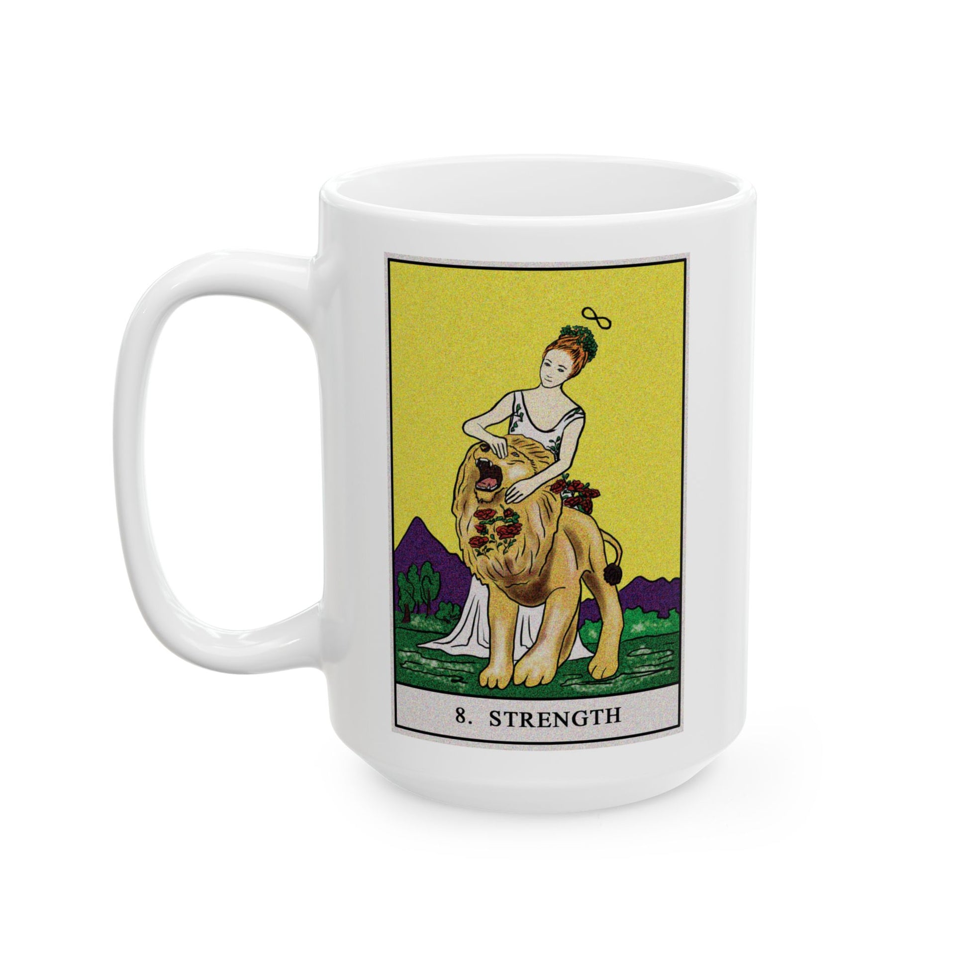Strength Tarot Card Coffee Mug - Double Sided White Ceramic 15oz by TheGlassyLass.com