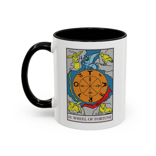 The Wheel of Fortune Tarot Card Coffee Mug - Double Sided Print, Black Accent White Ceramic, 11oz by TheGlassyLass.com