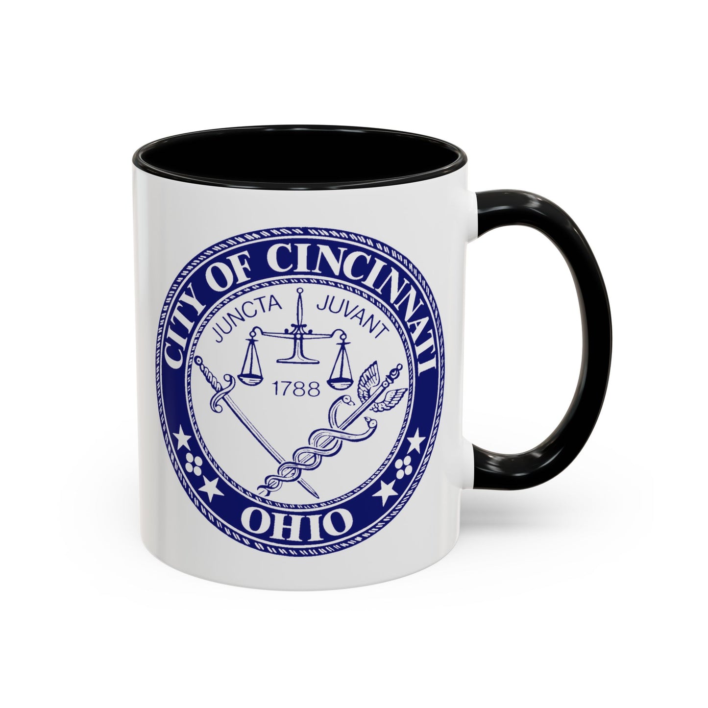 City of Cincinnati Seal Coffee Mug - Double Sided Print, Black Accent White Ceramic, 11oz by TheGlassyLass.com