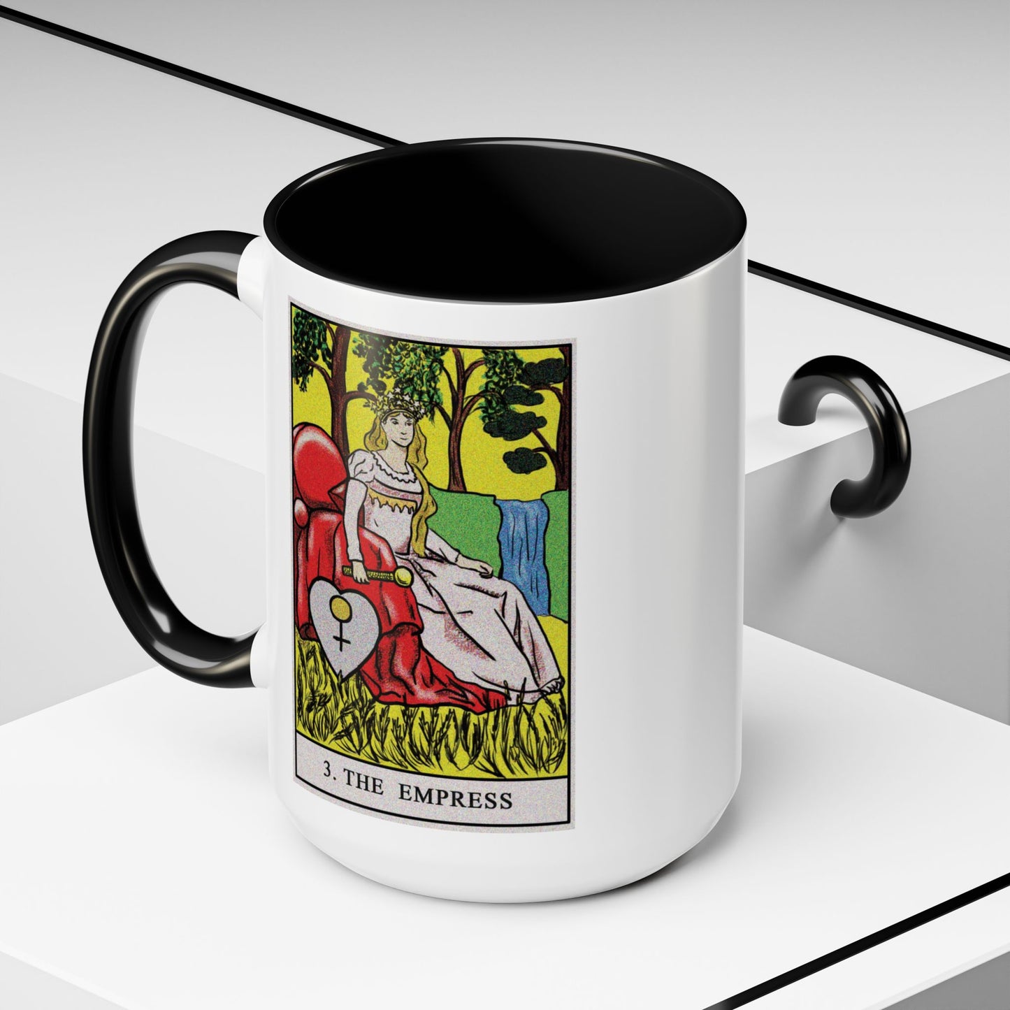 The Empress Tarot Card Coffee Mug - Double Sided Black Accent White Ceramic 15oz by TheGlassyLass