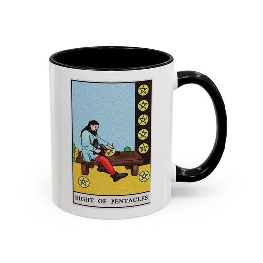 Eight of Pentacles Tarot Card Coffee Mug - Double Sided Print, Black Accent White Ceramic, 11oz by TheGlassyLass.com