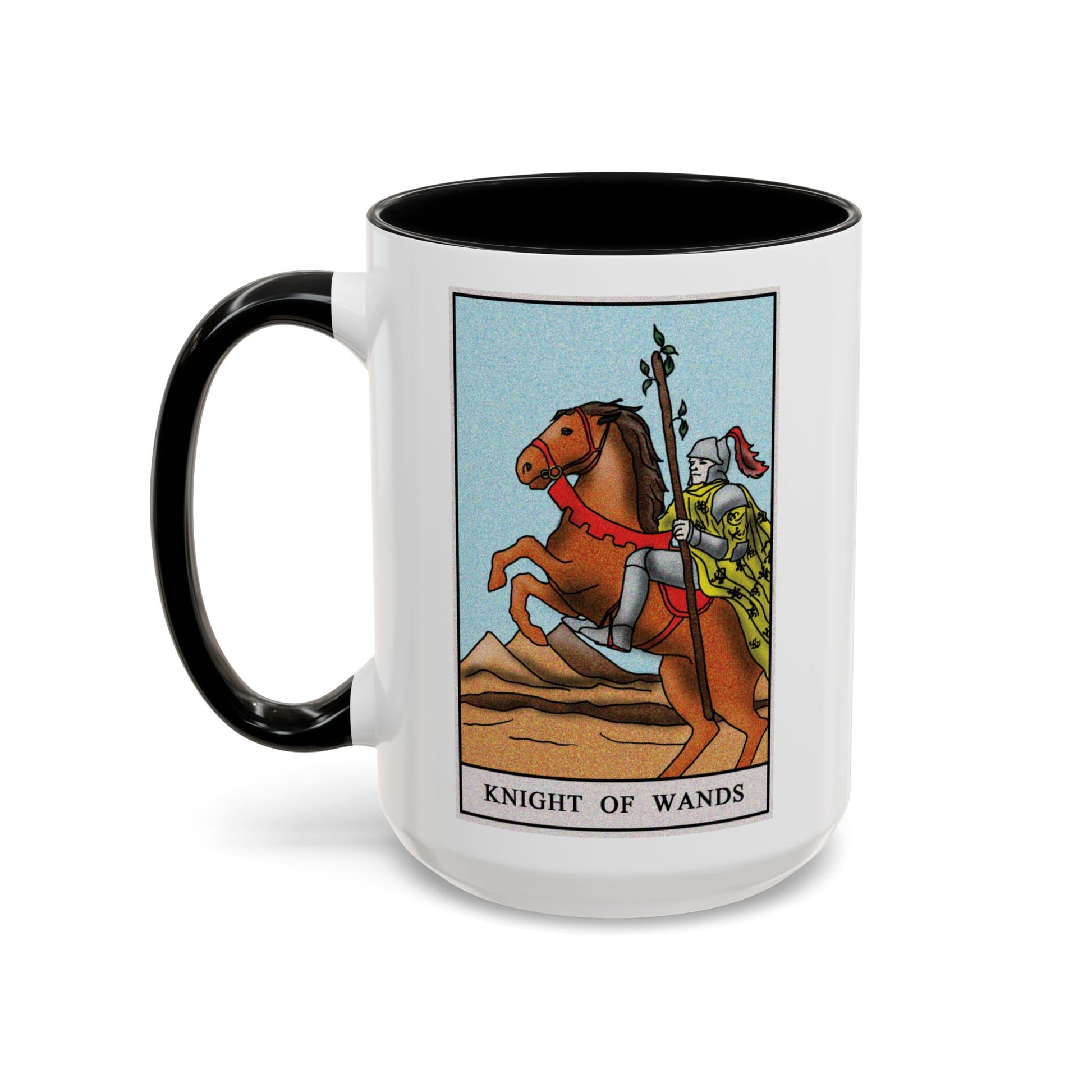 Knight of Wands Tarot Card Coffee Mug - Double Sided Black Accent White Ceramic 15oz by TheGlassyLass.com