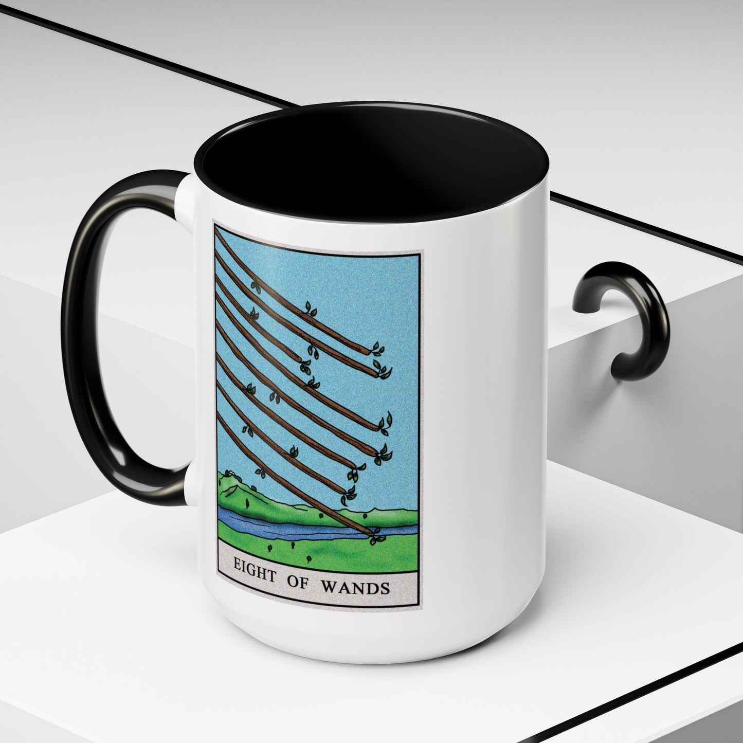 Eight of Wands Tarot Card Coffee Mug - Double Sided Black Accent White Ceramic 15oz by TheGlassyLass.com