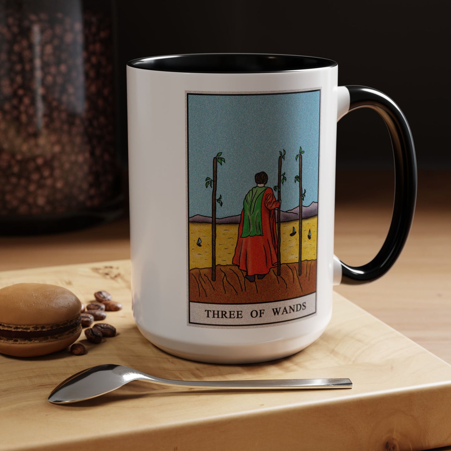 Three of Wands Tarot Card Coffee Mug - Double Sided Black Accent White Ceramic 15oz by TheGlassyLass.com