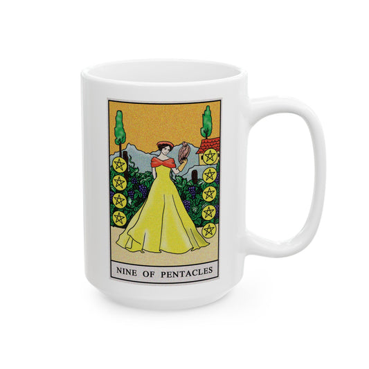 Nine of Pentacles Tarot Card Coffee Mug - Double Sided White Ceramic 15oz by TheGlassyLass.com