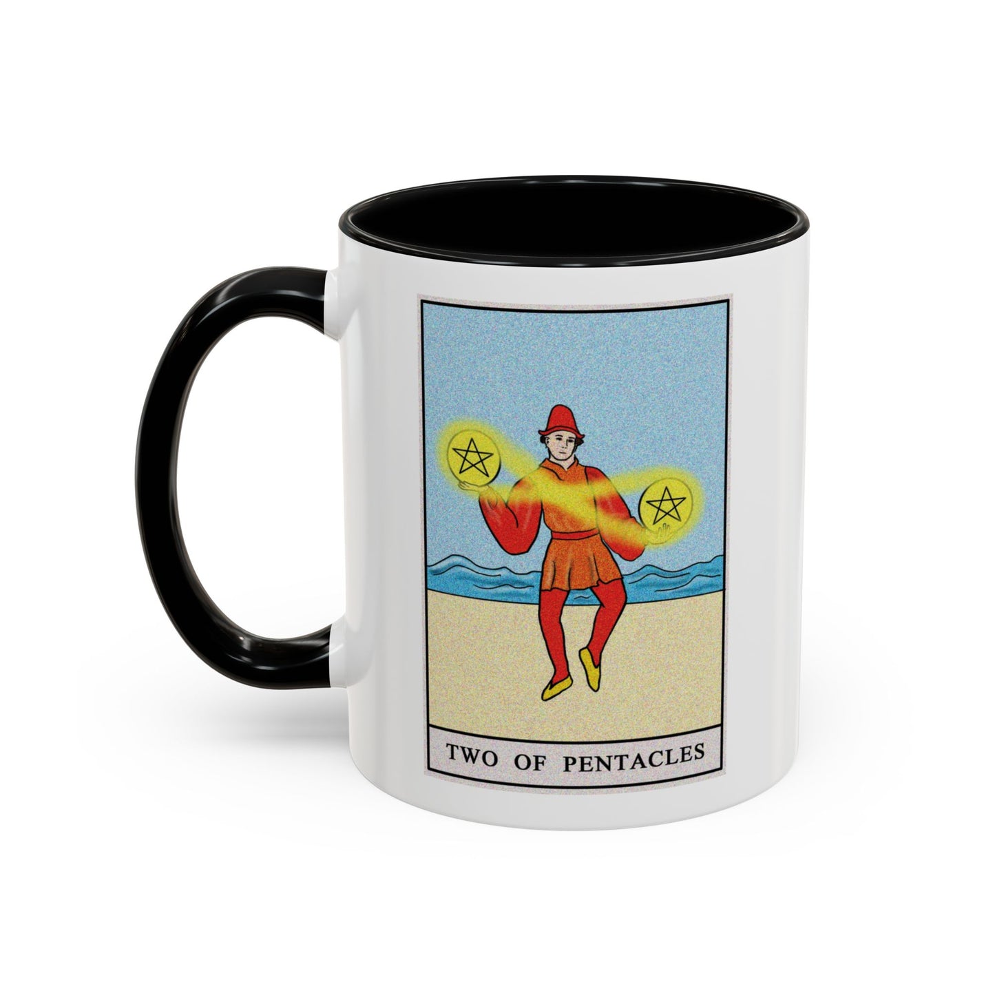 Two of Pentacles Tarot Card Coffee Mug - Double Sided Print, Black Accent White Ceramic, 11oz by TheGlassyLass.com