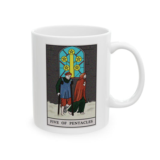 Five of Pentacles Tarot Card Coffee Mug - Double Sided Print, White Ceramic, 11oz by TheGlassyLass.com