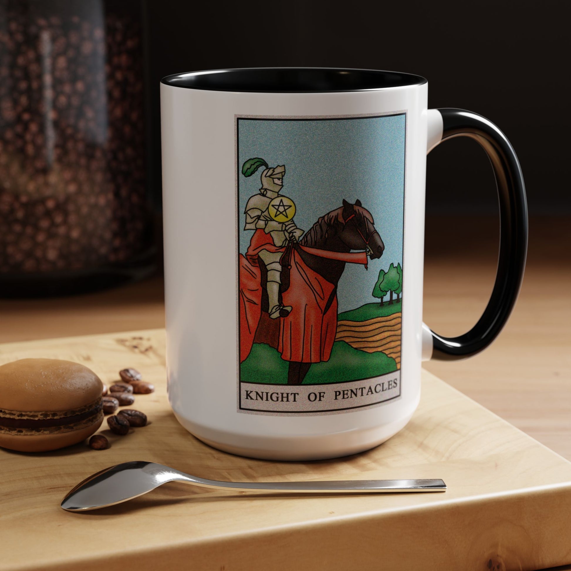 Knight of Pentacles Tarot Card Coffee Mug - Double Sided Black Accent White Ceramic 15oz by TheGlassyLass.com