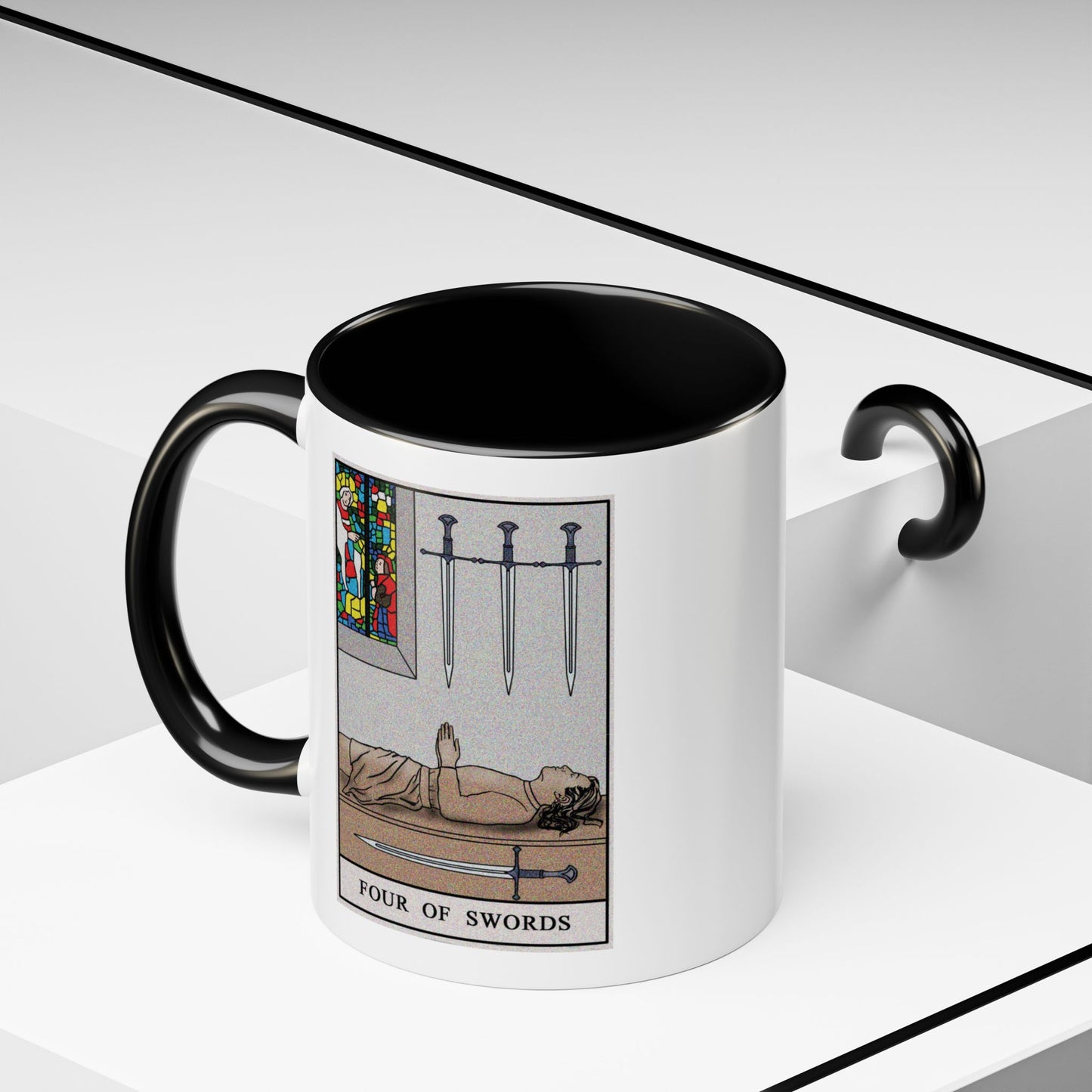Four of Swords Tarot Card Coffee Mug - Double Sided Print, Black Accent White Ceramic, 11oz by TheGlassyLass.com