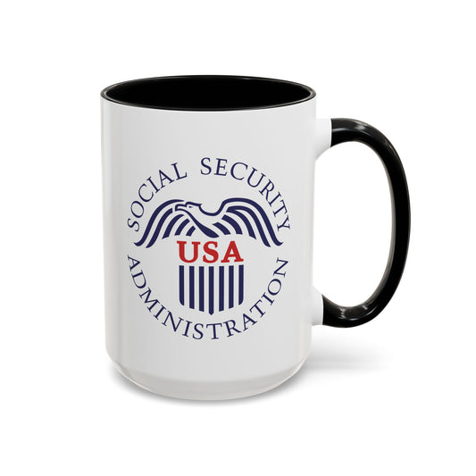 Social Security Administration Seal Coffee Mug - Double Sided Print, Black Accent White Ceramic, 15oz by TheGlassyLass.com
