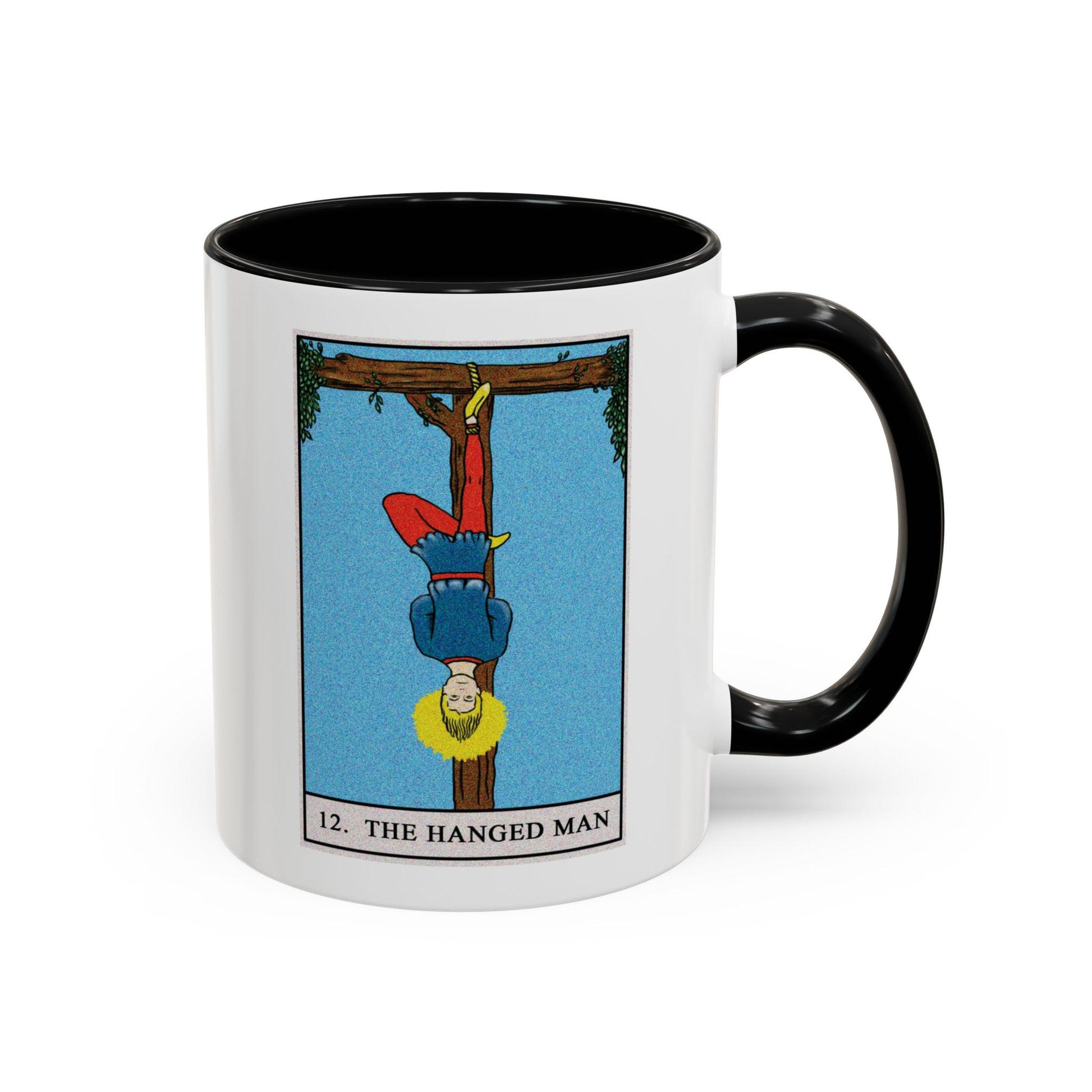 The Hanged Man Tarot Card Coffee Mug - Double Sided Print, Black Accent White Ceramic, 11oz by TheGlassyLass.com