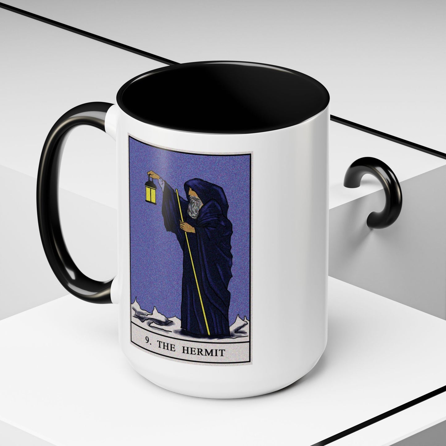 The Hermit Tarot Card Coffee Mug - Double Sided Black Accent White Ceramic 15oz by TheGlassyLass.com