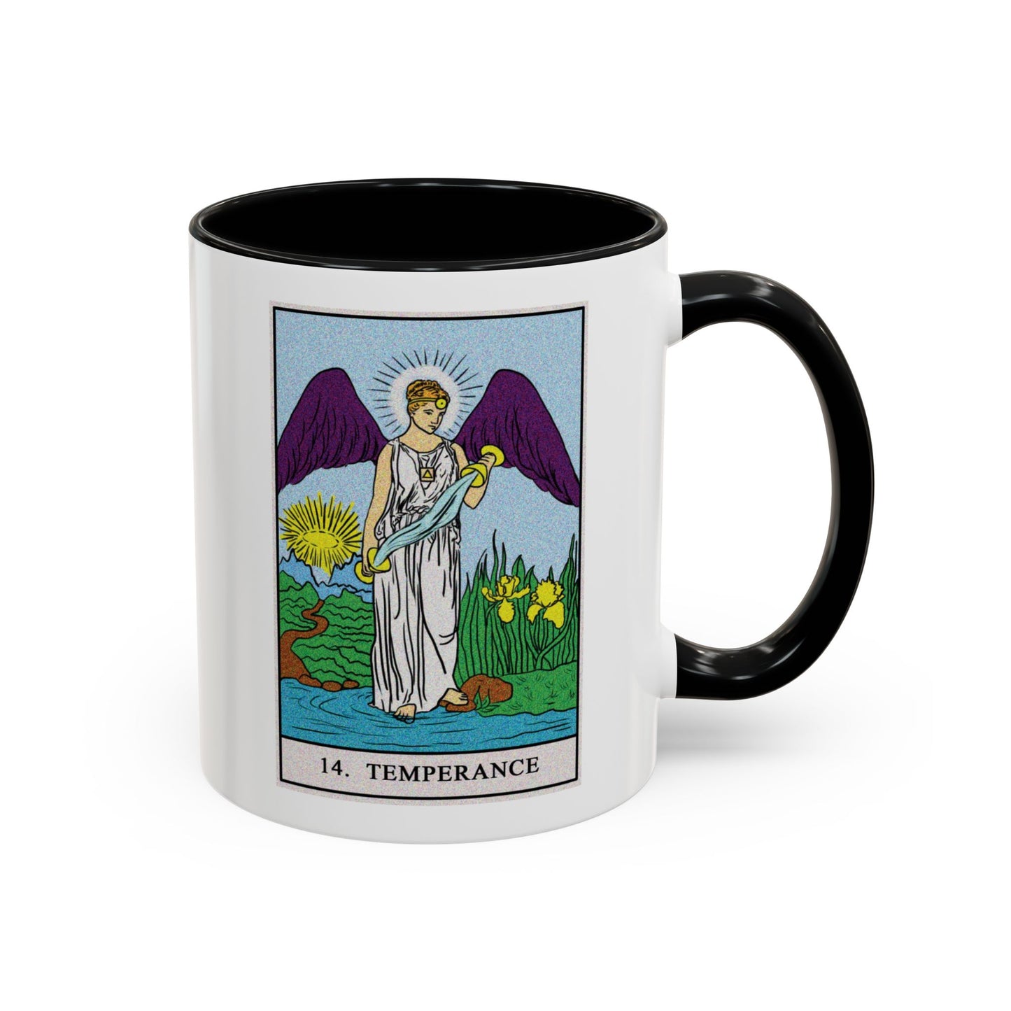 Temperance Tarot Card Coffee Mug - Double Sided Print, Black Accent White Ceramic, 11oz by TheGlassyLass.com
