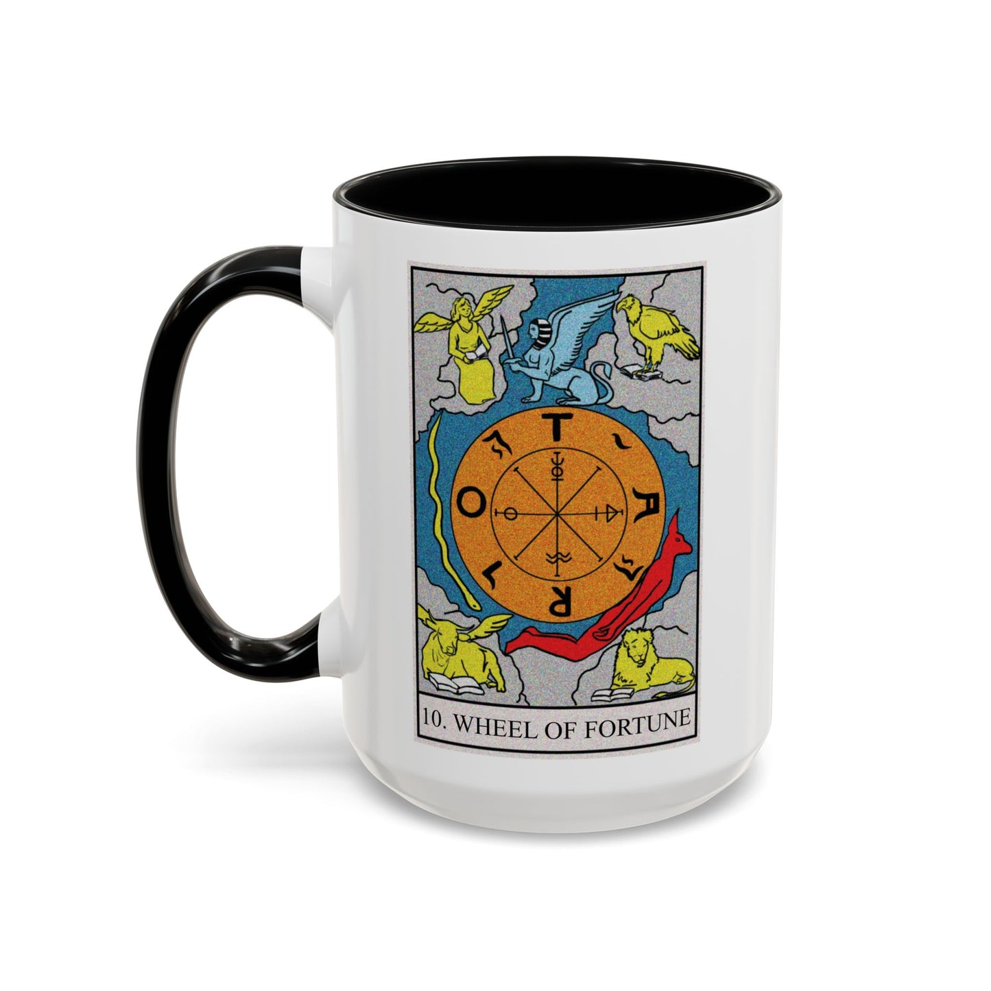 The Wheel of Fortune Tarot Card Coffee Mug - Double Sided Black Accent White Ceramic 15oz by TheGlassyLass.com