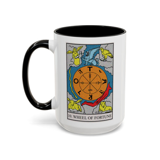 The Wheel of Fortune Tarot Card Coffee Mug - Double Sided Black Accent White Ceramic 15oz by TheGlassyLass.com