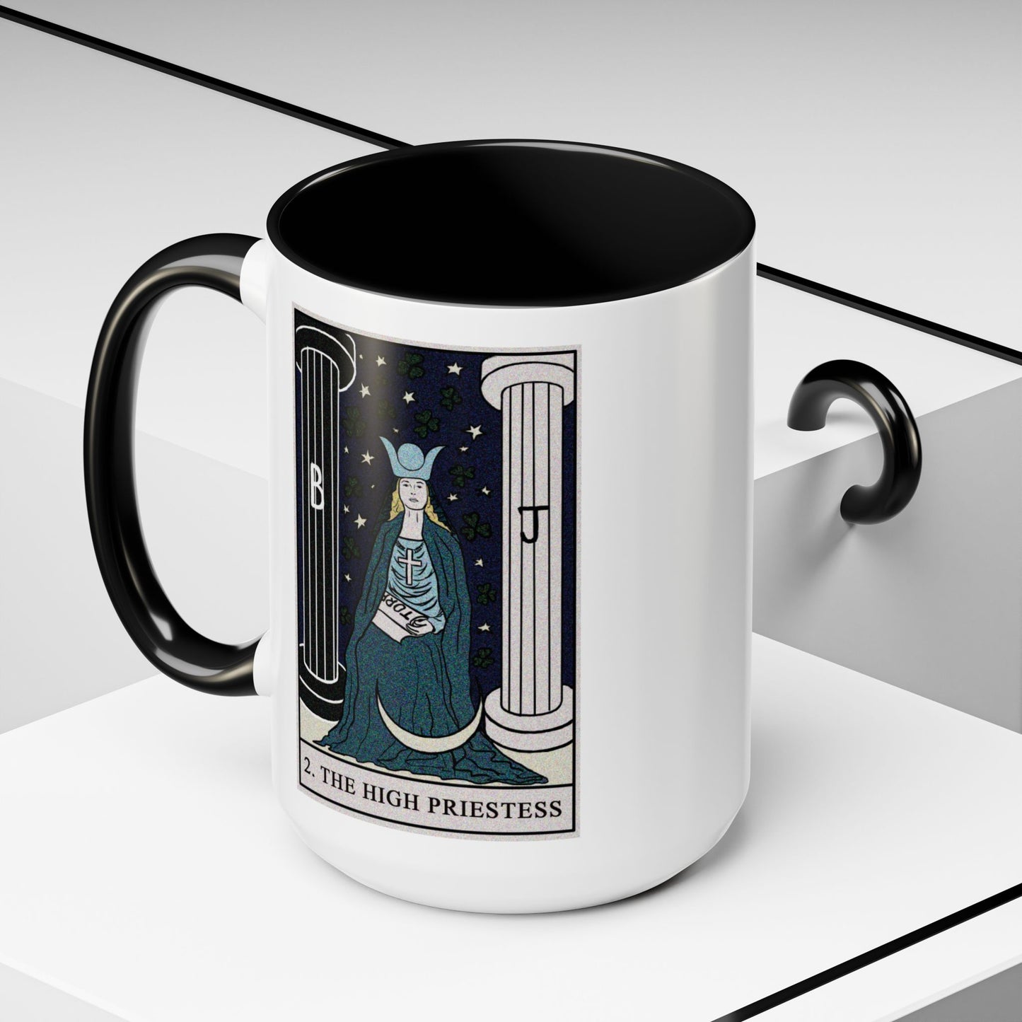 The High Priestess Tarot Card Coffee Mug - Double Sided Black Accent White Ceramic 15oz by TheGlassyLass.com
