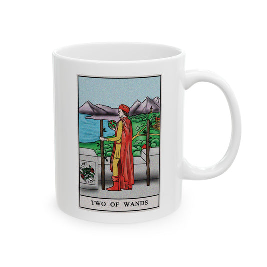 Two of Wands Tarot Card Coffee Mug - Double Sided Print, White Ceramic, 11oz by TheGlassyLass.com