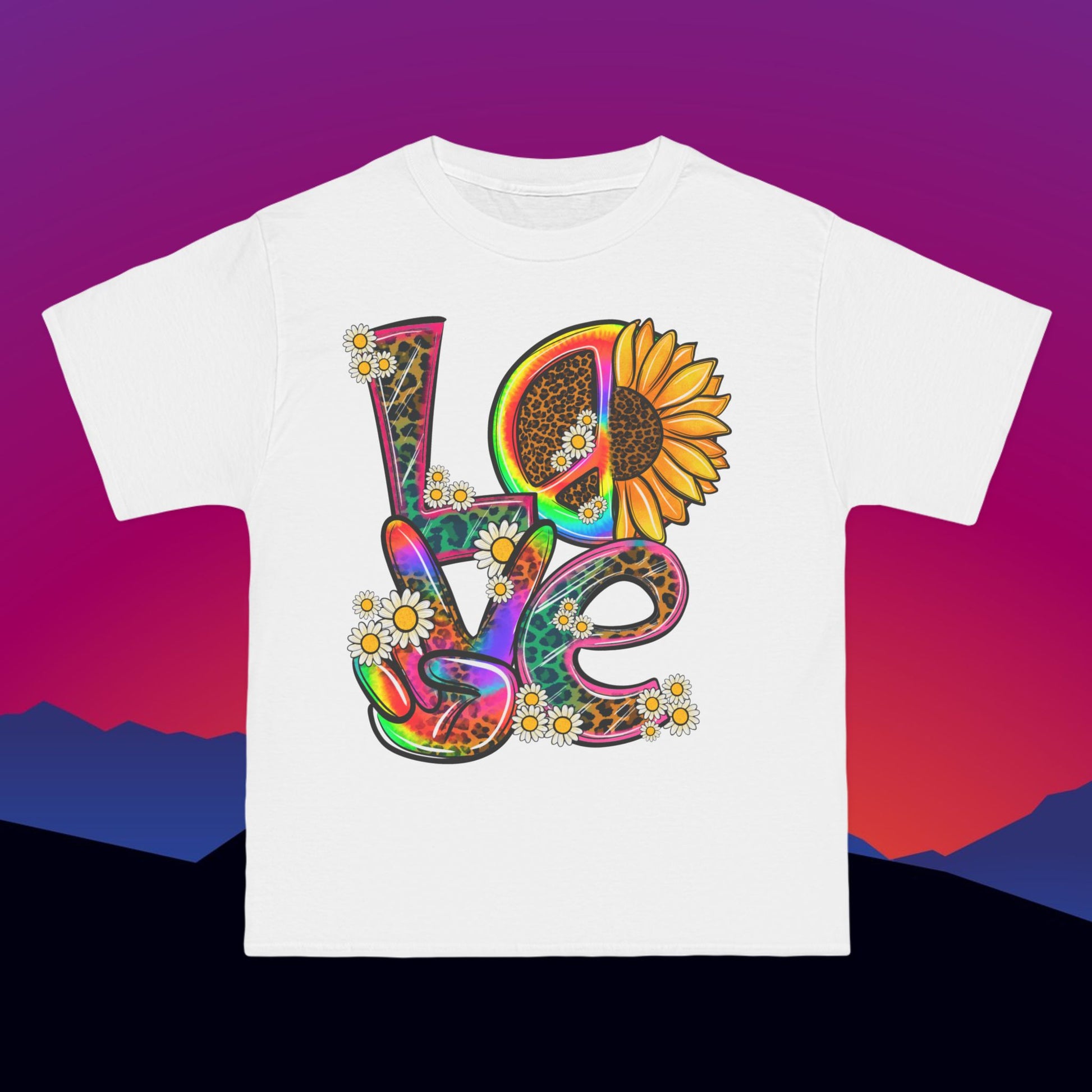 Peace Love & Flower Power T-Shirt: (Hanes Beefy-T 100% Preshrunk Cotton Custom Printed by TheGlassyLass.com