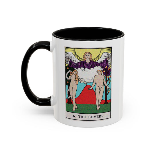 The Lovers Tarot Card Coffee Mug - Double Sided Print, Black Accent White Ceramic, 11oz by TheGlassyLass.com