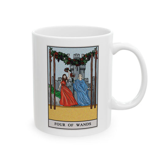 Four of Wands of Wands Tarot Card Coffee Mug - Double Sided Print, White Ceramic, 11oz by TheGlassyLass.com