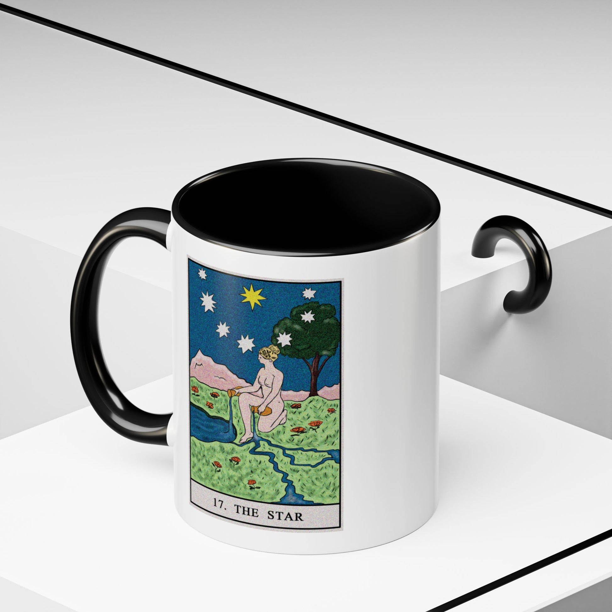 The Star Tarot Card Coffee Mug - Double Sided Print, Black Accent White Ceramic, 11oz by TheGlassyLass.com
