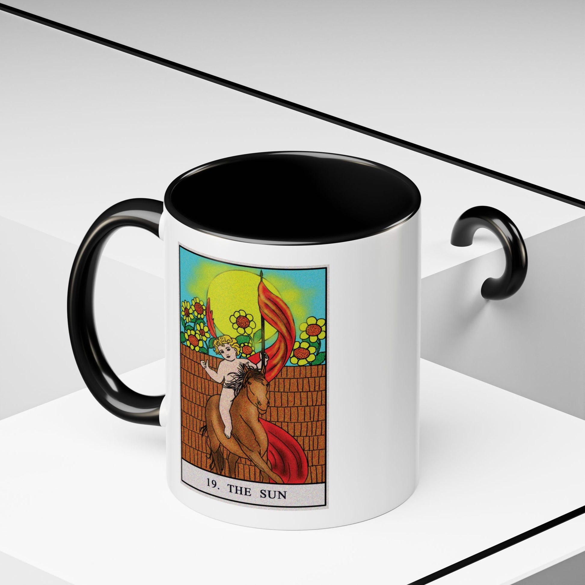 The Sun Tarot Card Coffee Mug - Double Sided Print, Black Accent White Ceramic, 11oz by TheGlassyLass.com