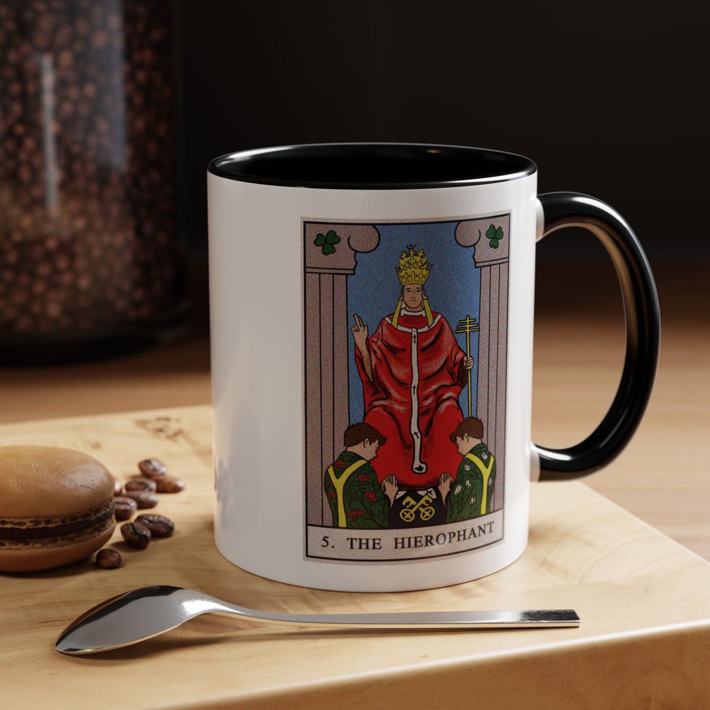 The Hierophant Tarot Card Coffee Mug - Double Sided Print, Black Accent White Ceramic, 11oz by TheGlassyLass.com