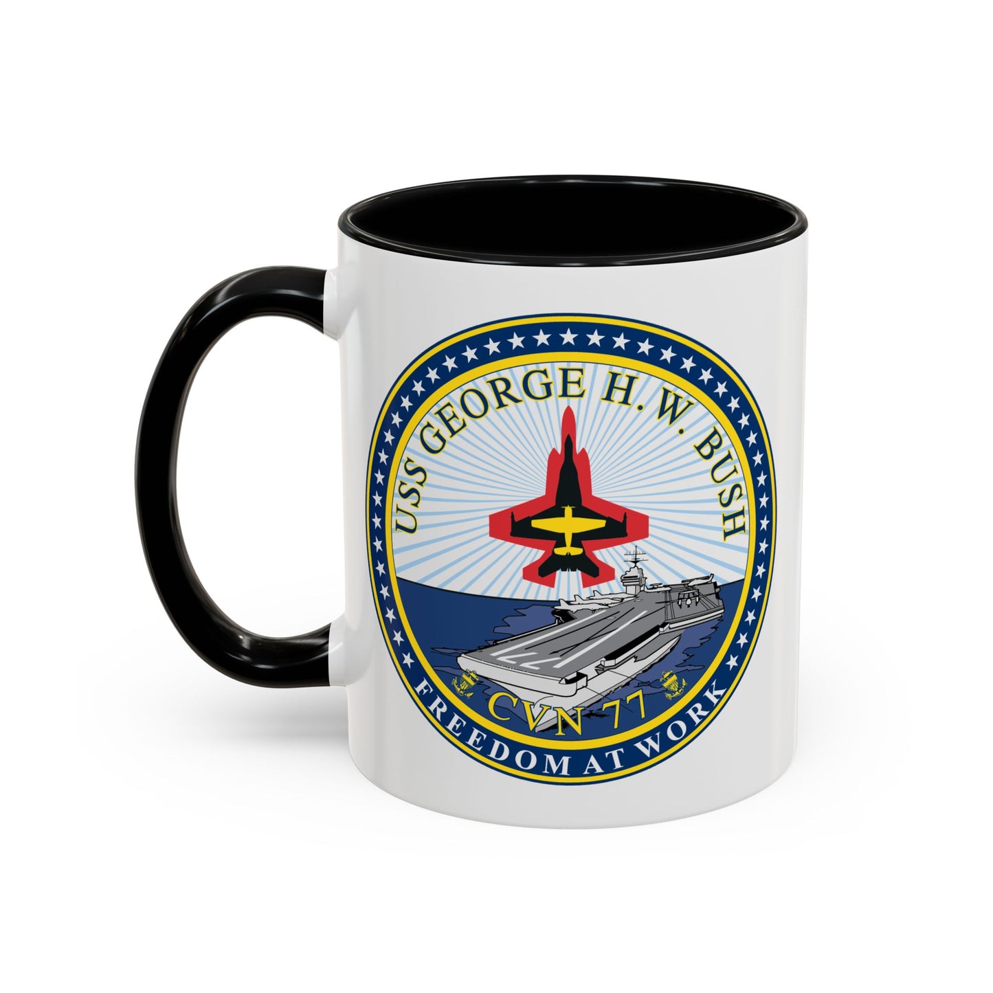 USS George H. W. Bush CVN 77 Seal Coffee Mug - Double Sided Print, Black Accent White Ceramic, 11oz by TheGlassyLass.com