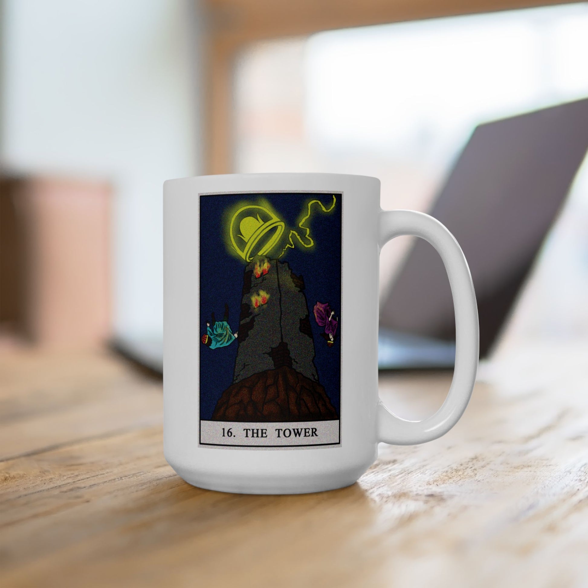 The Tower Tarot Card Coffee Mug - Double Sided White Ceramic 15oz by TheGlassyLass.com
