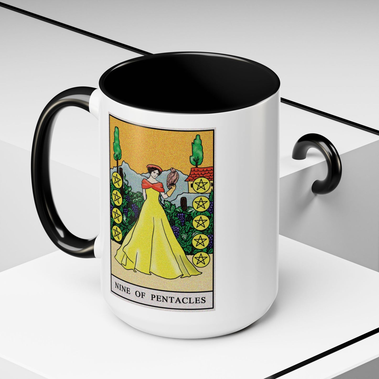 Nine of Pentacles Tarot Card Coffee Mug - Double Sided Black Accent White Ceramic 15oz by TheGlassyLass.com