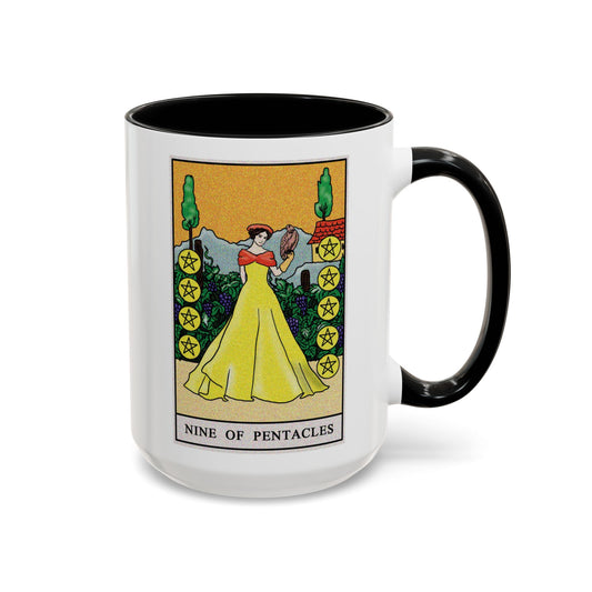 Nine of Pentacles Tarot Card Coffee Mug - Double Sided Black Accent White Ceramic 15oz by TheGlassyLass.com