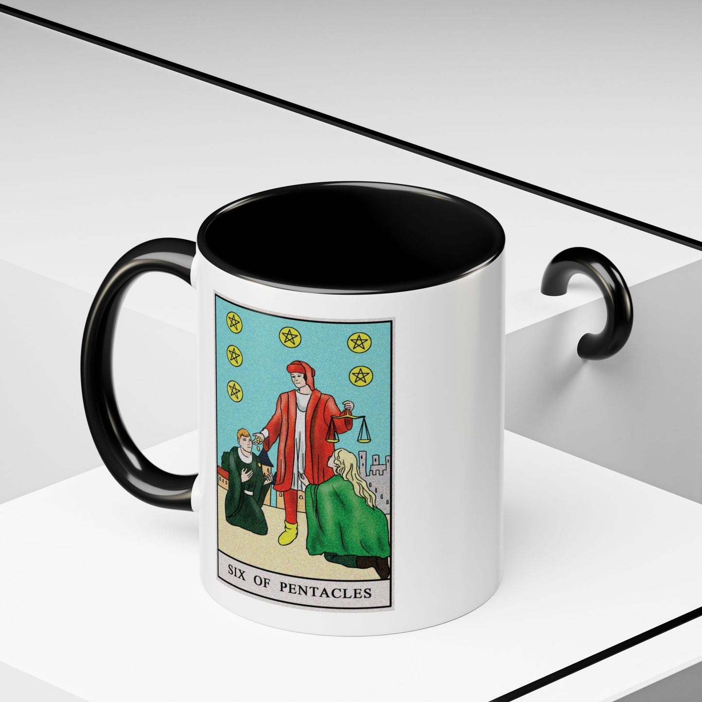 Six of Pentacles Tarot Card Coffee Mug - Double Sided Print, Black Accent White Ceramic, 11oz by TheGlassyLass.com