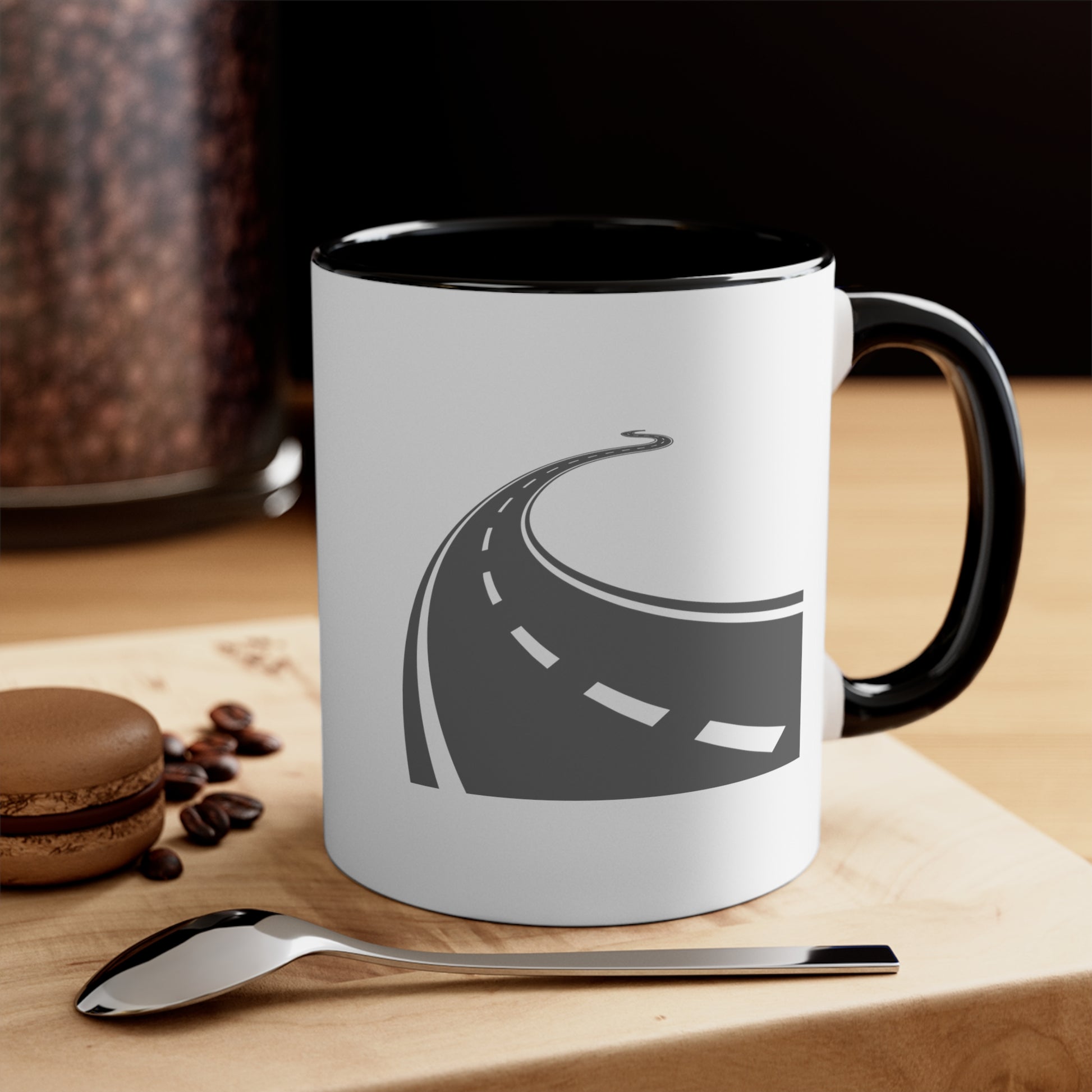 Long and Winding Road Coffee Mug - Double Sided Black Accent White Ceramic 11oz by TheGlassyLass.com