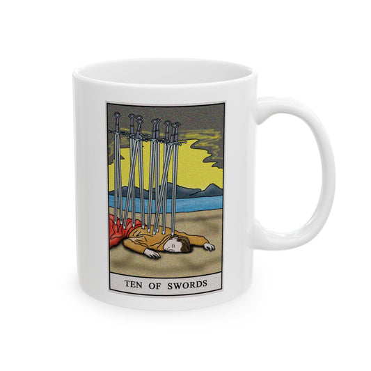 Ten of Swords Tarot Card Coffee Mug - Double Sided Print, White Ceramic, 11oz by TheGlassyLass.com