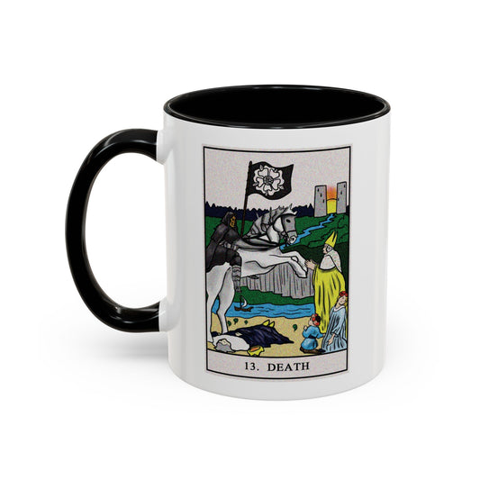 Death Tarot Card Coffee Mug - Double Sided Print, Black Accent White Ceramic, 11oz by TheGlassyLass.com