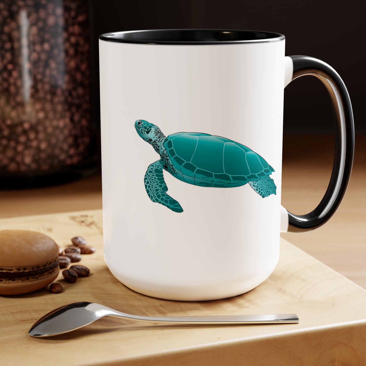 Sea Turtle Coffee Mug - Double Sided Black Accent White Ceramic 15oz by TheGlassyLass